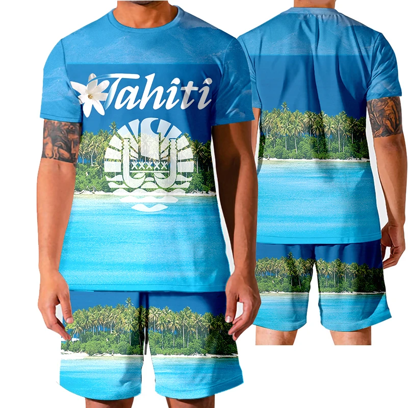 

3D Print Tahiti Polynesia Islands Travel Summer T-shirt Shorts Set Sportswear Tracksuit O Neck Short Sleeve Men's Clothing Suit