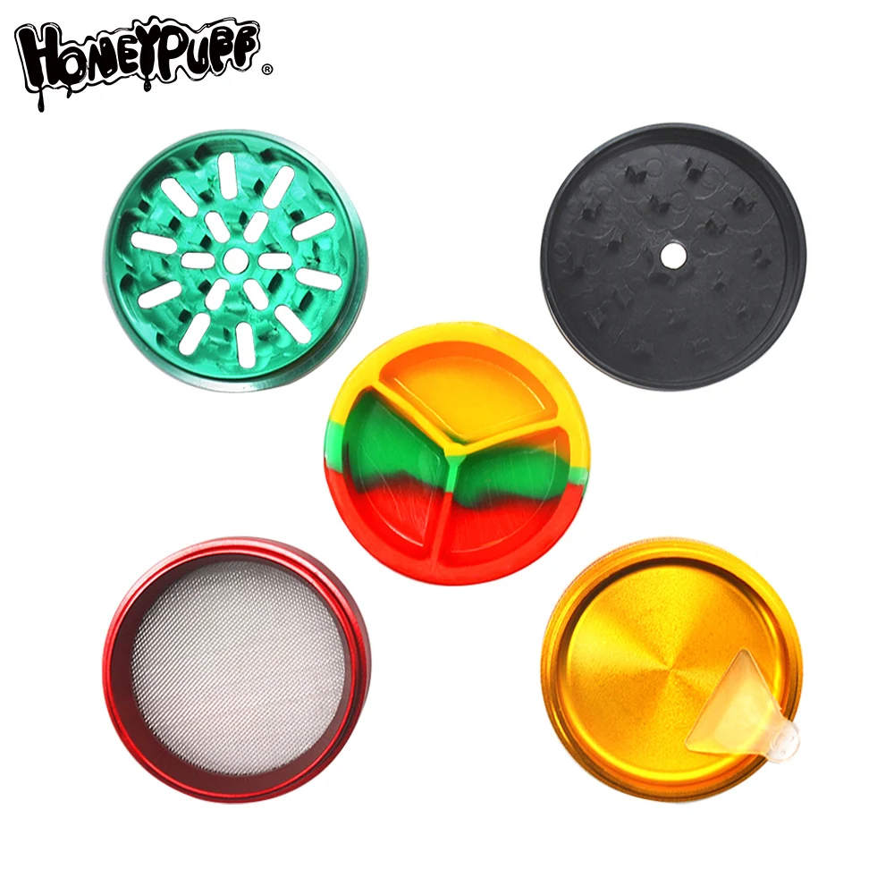 HONEYPUFF Aluminum Crusher with Silicone Storage Stash Jars 63MM 5 Layers Metal Crusher