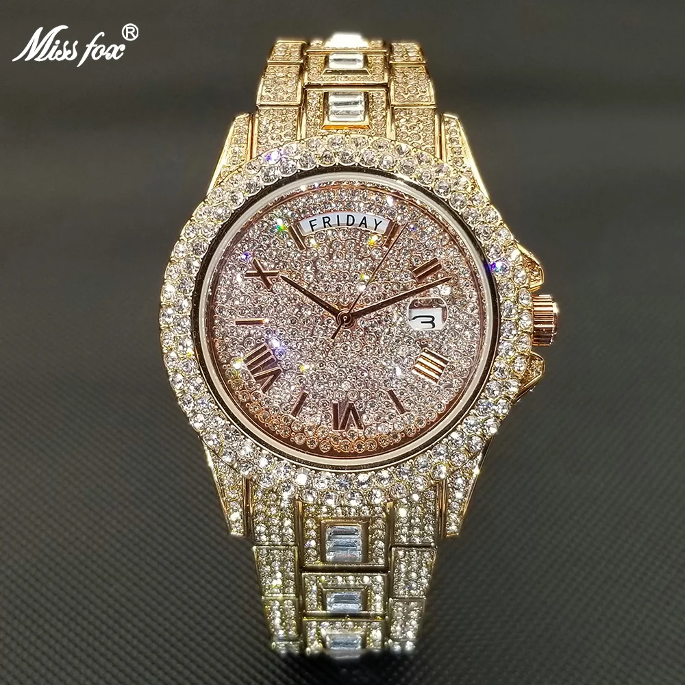MISSFOX Hip Hop Diamond Mens Watches Luxury Silver Stainless Steel 