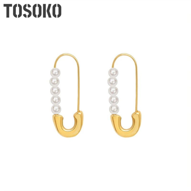 

TOSOKO Stainless Steel Jewelry Paper Clip Imitation Pearl Earrings Women's Winter Elegant Earrings BSF359