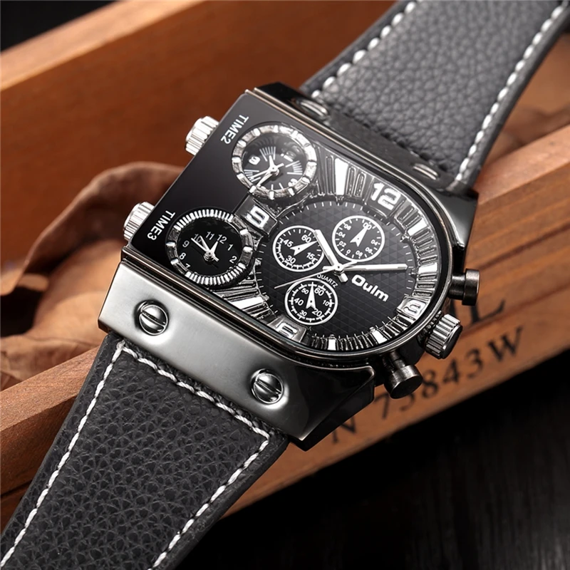 Oulm Unique Sport Watches Men Luxury Brand Three Time Zone Wristwatch Male Quartz Big Dial Leather Watch relogio masculino