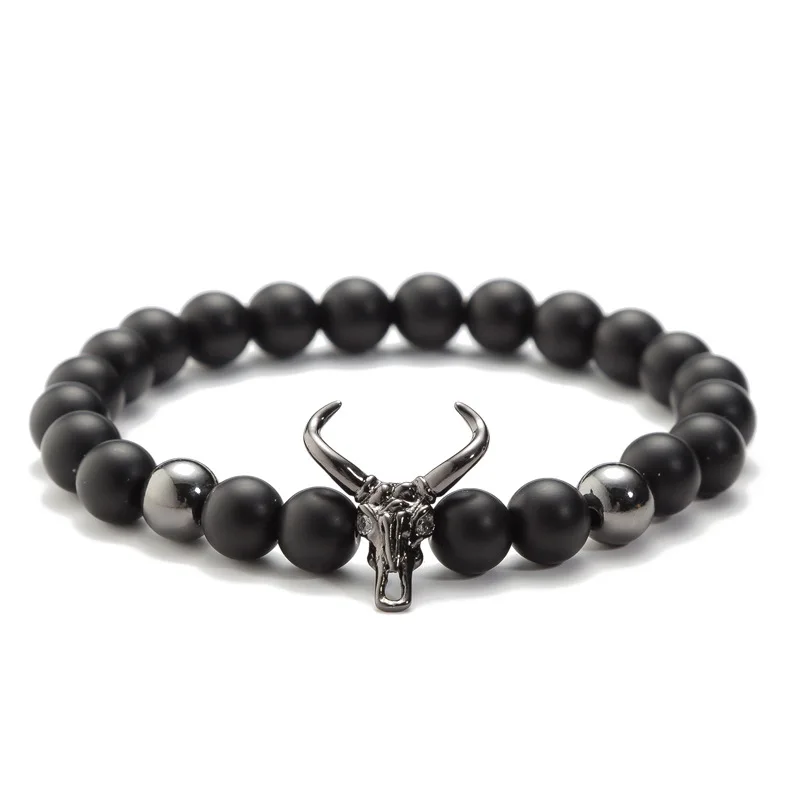 Punk CZ Bull Head Skull Men Bracelet Fashion 8MM Lava Stone Beads Charm Bracelets & Bangles Macrame Strand Jewelry Gift