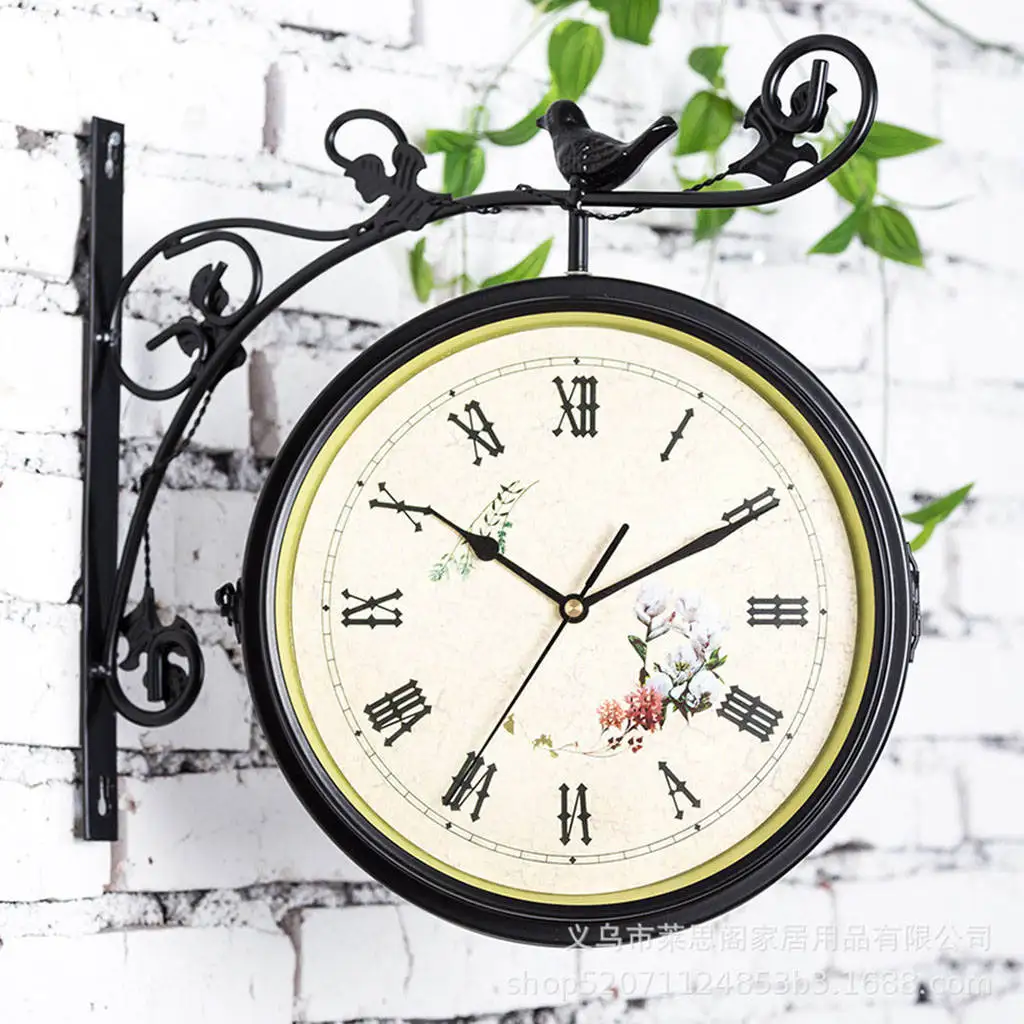 Iron Double Sided Retro Round Quiet Wall Hanging Clock Hotel Bar Garden Décor