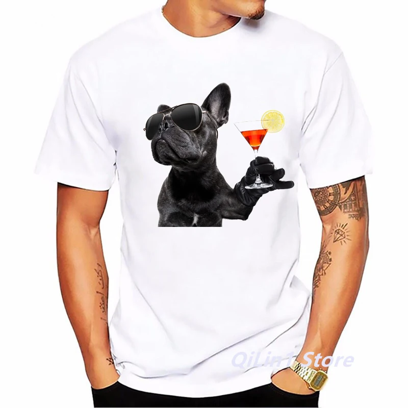 Glass French Bulldog Print Funny T Shirts Men Summer Top Male\'S Cool Hip Hop T Shirt White Short Sleeve Casual Camisetas Hombre