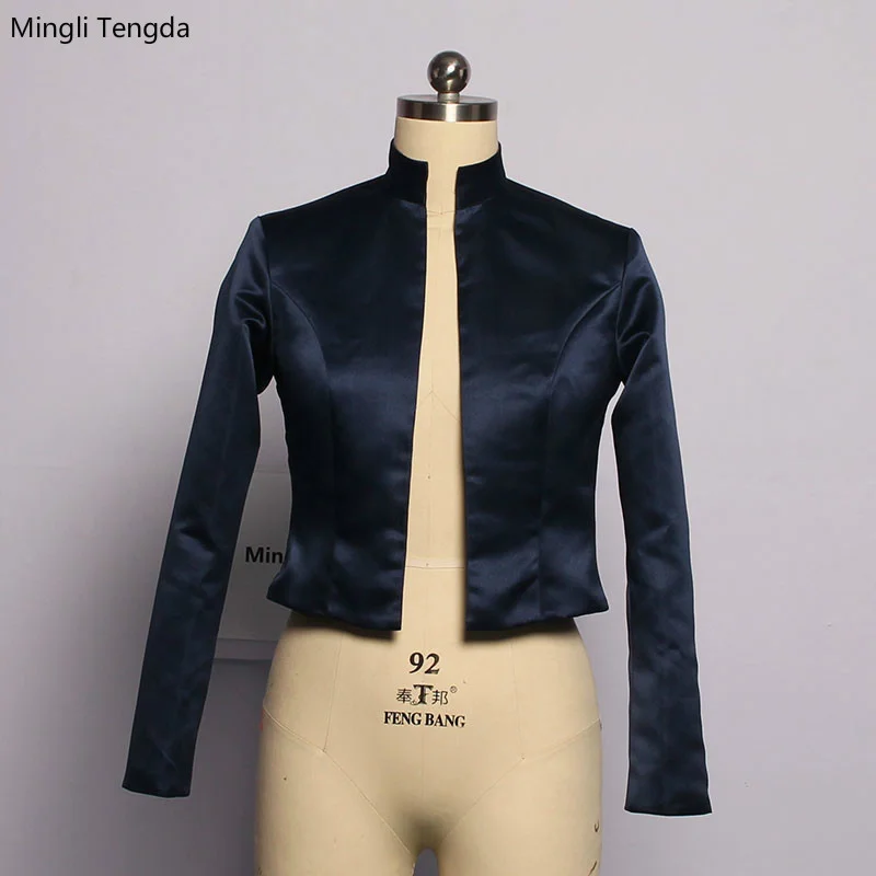 Mingli Tengda Navy Long Sleeves Stola Wedding Coat Bolero Jaket Women Capes Stain Bridal Black Cloak Shawl High Neck Custom Made