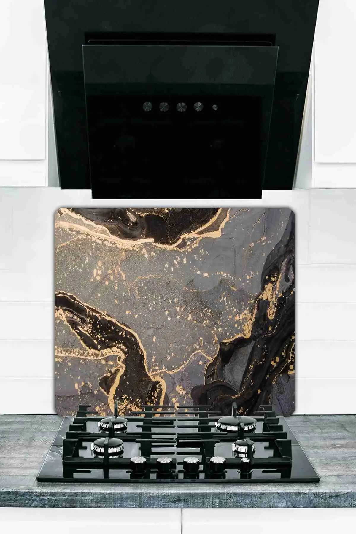 Kitchen Anti-Splash Glass Cooker Protective And Glass Cutting Board 50 X 56Siyah gilded Marble Look