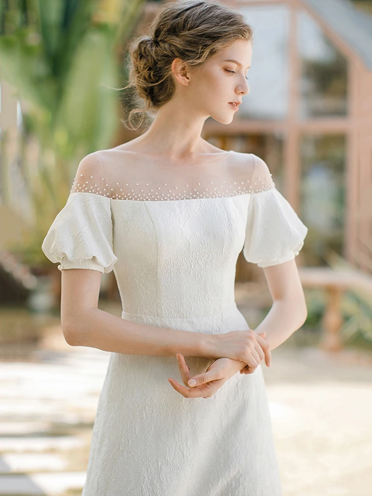 Uit De Schouder Witte Trouwjurken Vrouwen Klassieke Terug Bandage Floor-Length Bruidsjurk Eenvoudige Moderne A-lijn Banket Jurk