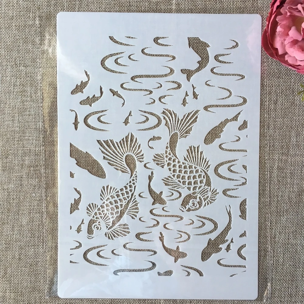 A4 29cm River Carp Fish DIY Layering Stencils Wall Painting Scrapbook Coloring Embossing Album Decorative Template