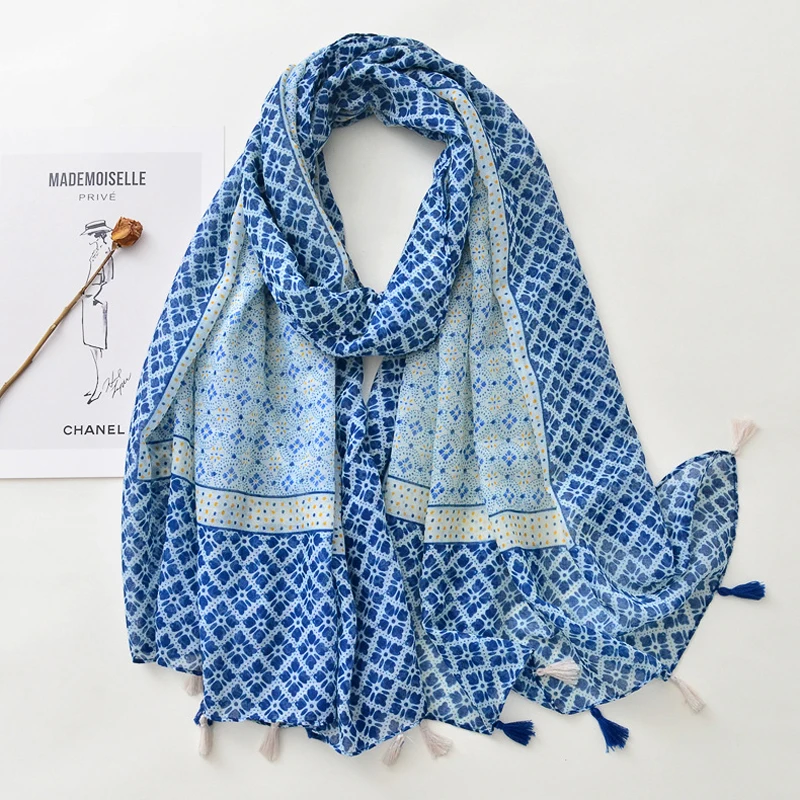 2021 Newest Geometric Print Tassel Scarf Shawls Spring Women Beach Wrap Head Hijab Scarves