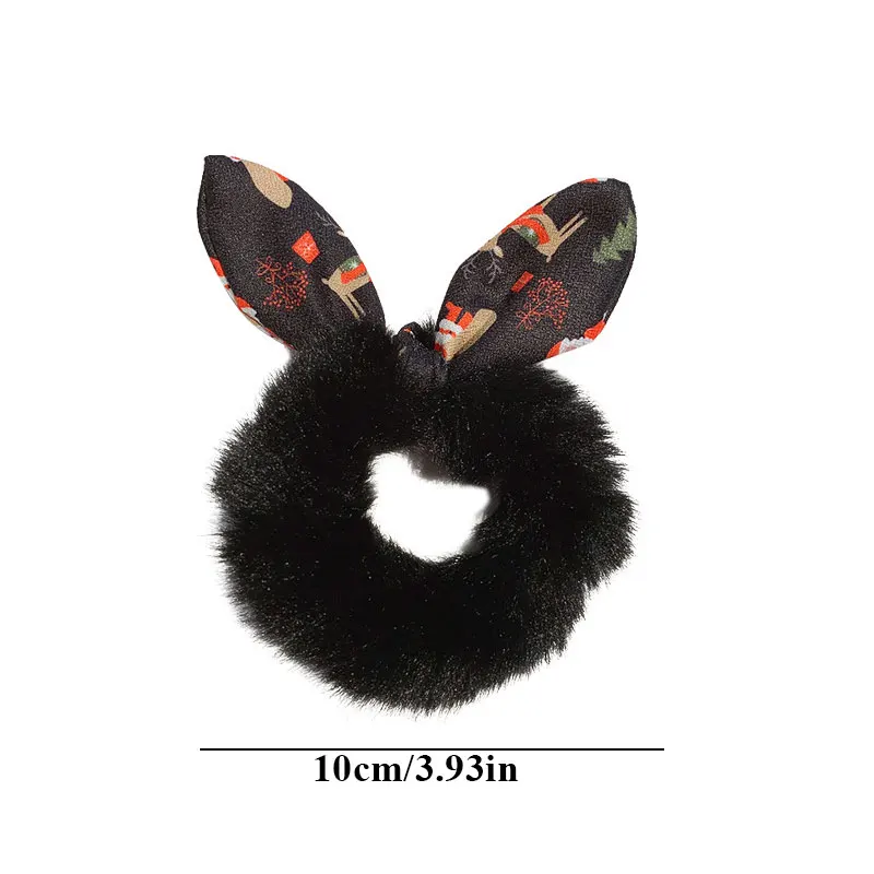 Christmas Print Cute Rabbit Ear Fluffy Faux Fur Scrunchie Girls Hair Bands Rubber Band Women Hair Rope Ties For Hair Accessories