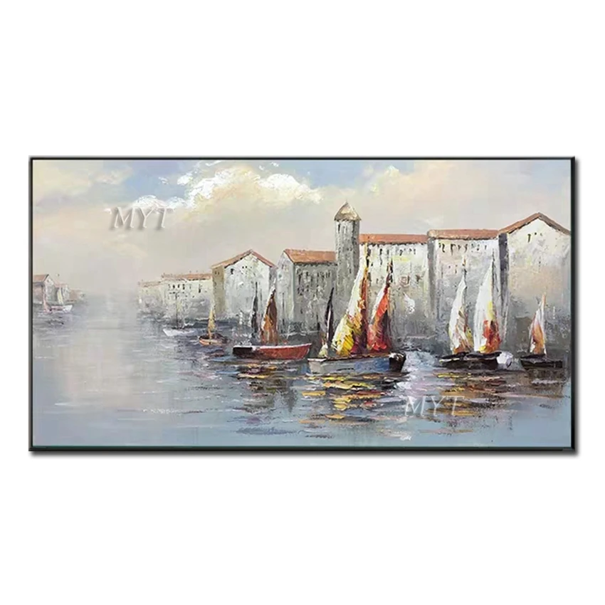 

Many Ships Are In The Sea Town Oil Painting On Canvas Living Room Home Pictures Modern Wall Art Paintings 100% Handpainted