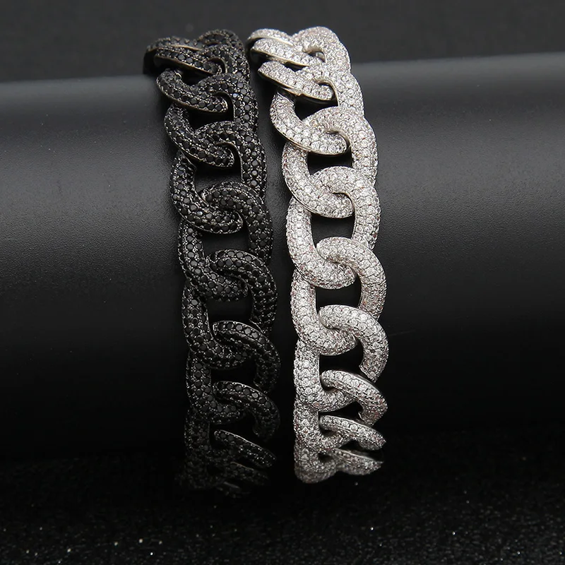Hip Hop Black CZ Stone Bling Iced Out Cuban Miami Link Chain Bracelet for Men Rapper Jewlery