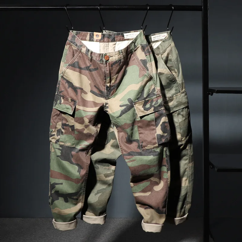 Men Cargo Camouflage Pants Loose Heavy Weight Cotton Washing Multi-Pocket Training Tractical Military Sport Slim Fit Trousers