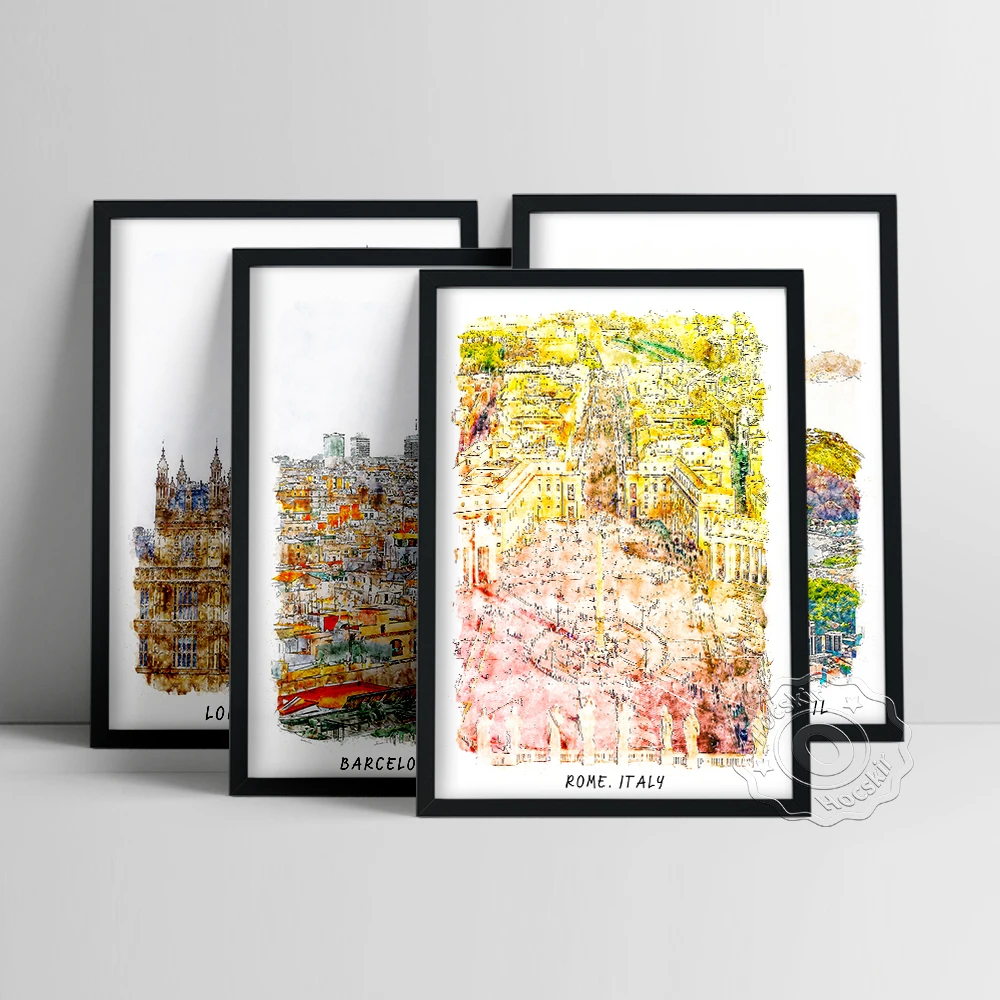 

World Travel Watercolour Poster, London Barcelona Rio De Janeiro Rome Art Prints, City Landscape Wall Painting, Tour Wall Art