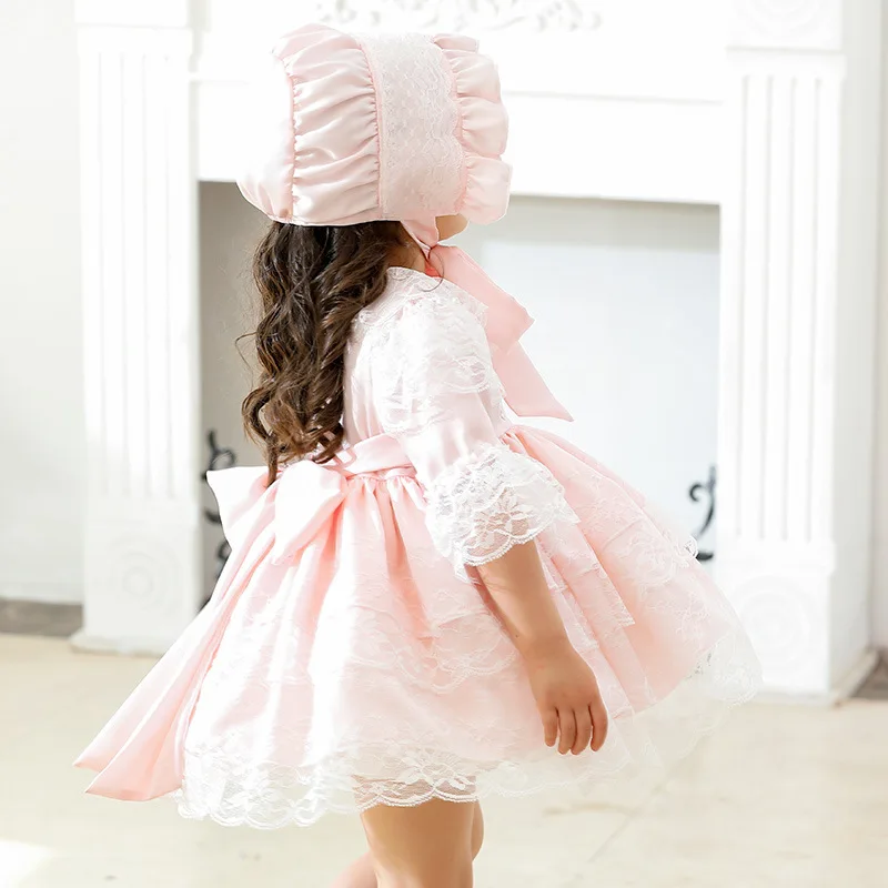 Spanish Baby Dress with Hat Girl Lolita Princess Vestidos Children Birthday Eid Party Ball Gown Kids Lace Spain Boutique Dresses