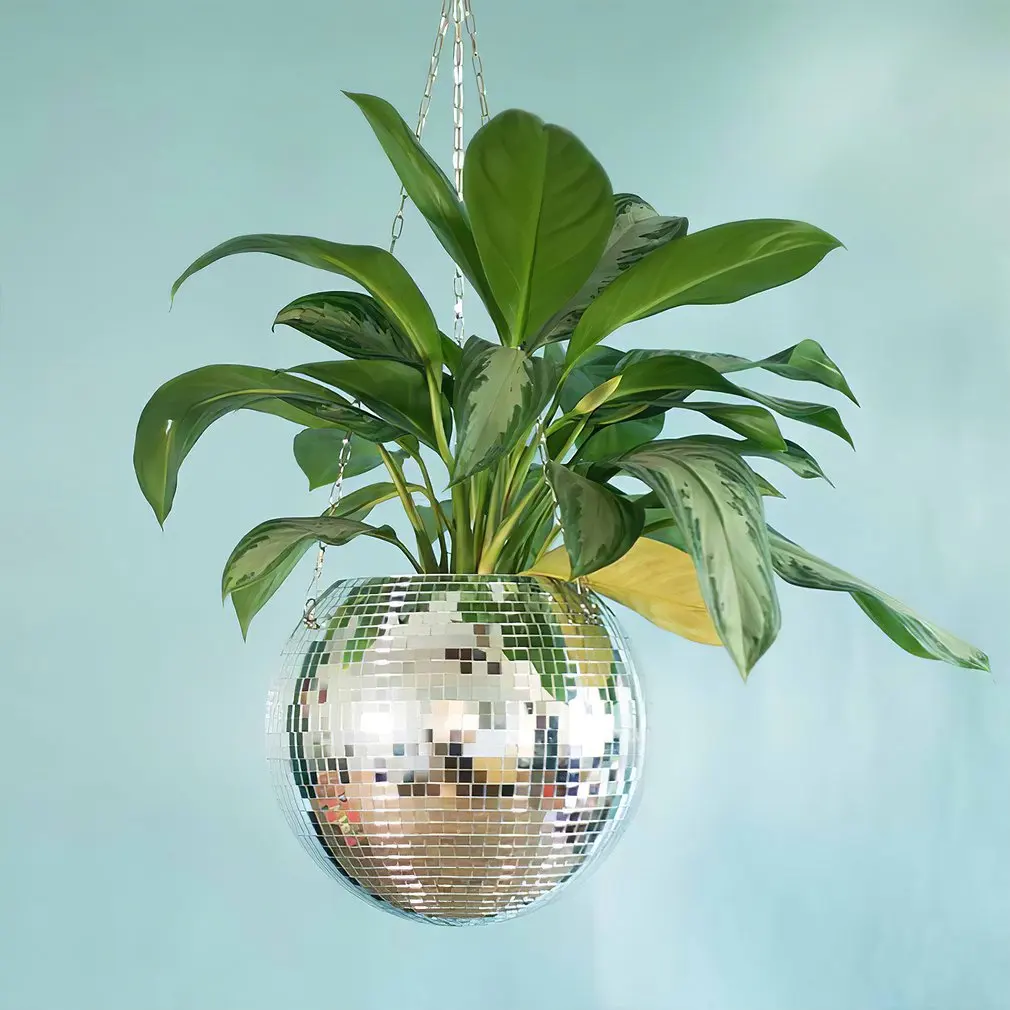 Disco Ball Hanging Flower Pot For Indoor Plants Bohemian Style Flower Planter Pots Rope Mirror Hanging Basket Garden Decor Vase