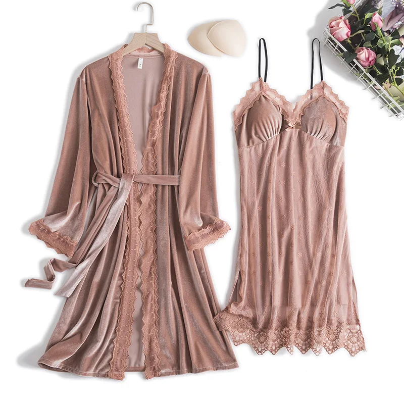 Szlafrok Kimono aksamitna bielizna nocna damska Casual 2 szt. Zestaw snu z długim rękawem szlafrok nowość jesień nowy welurowy odzież domowa