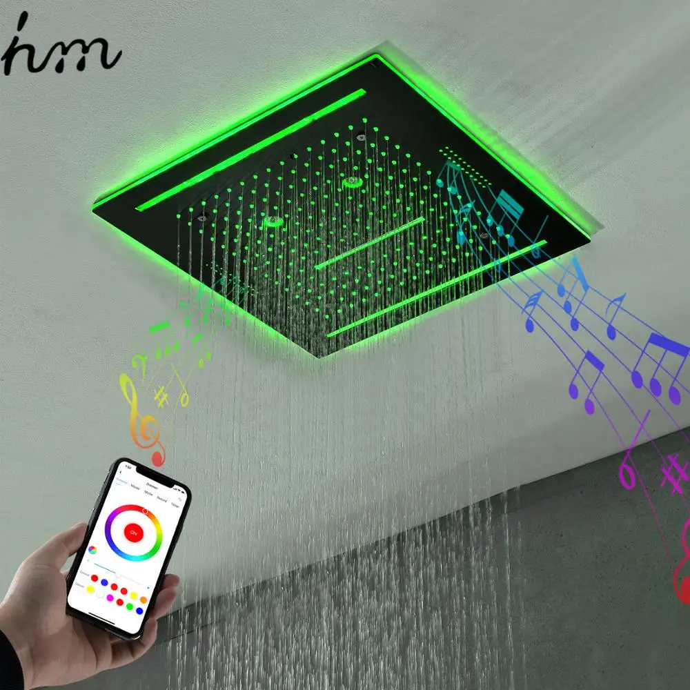 hm Concealed Music Shower Head Remote Control Colors LED Light 16Inch Square Ceilling Waterfall Rainfall Faucets System