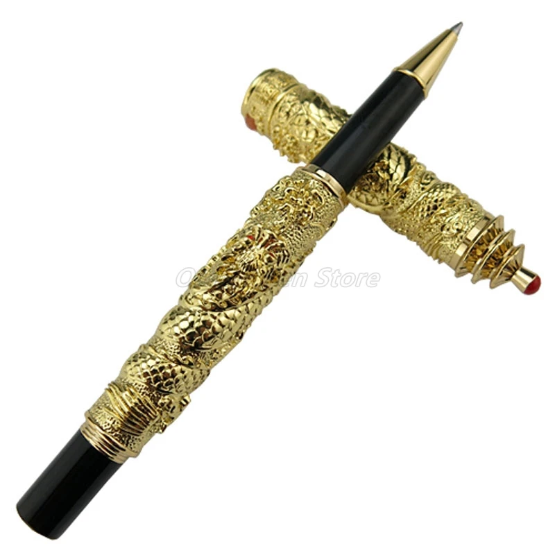 Jinhao Golden Double Dragon Playing Pearl Carving Embossing Tower Cap Roller Ball Pen Professional Office Stationery Writing