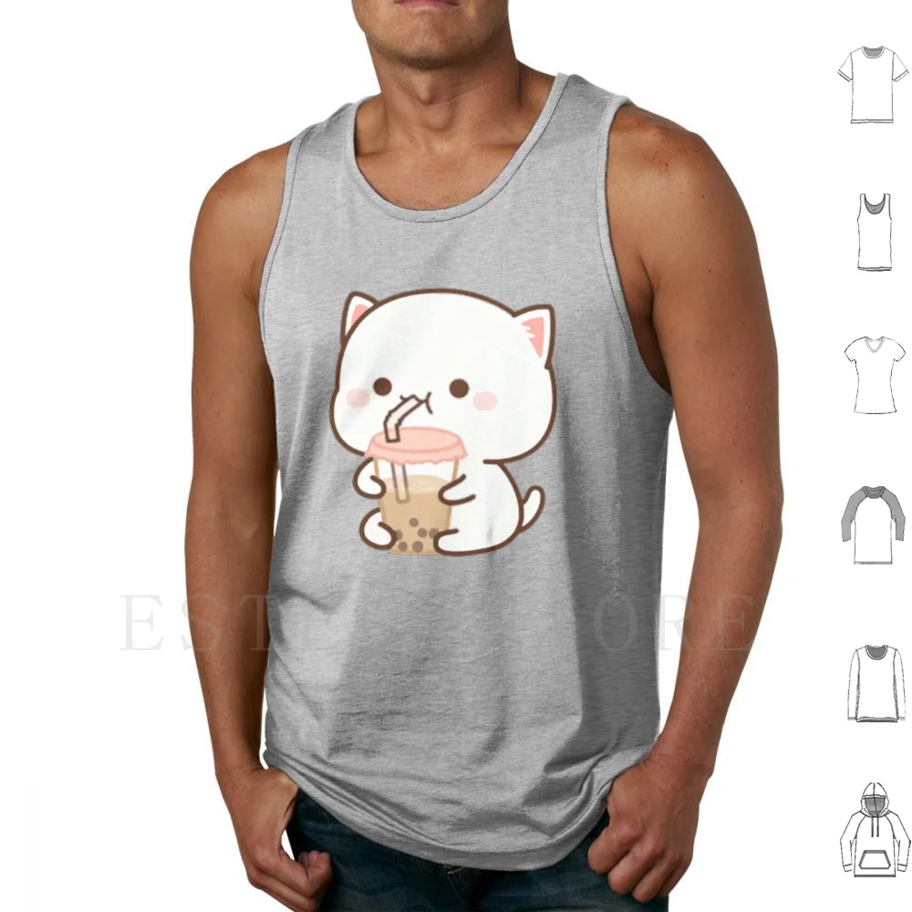 Camisetas sin mangas con estampado de gatos bebiendo té de burbujas, Goma, Gato lindo, Gato melocotón, Gato novio, Gato leche, Novia, Kawaii, Gatito, Mochi