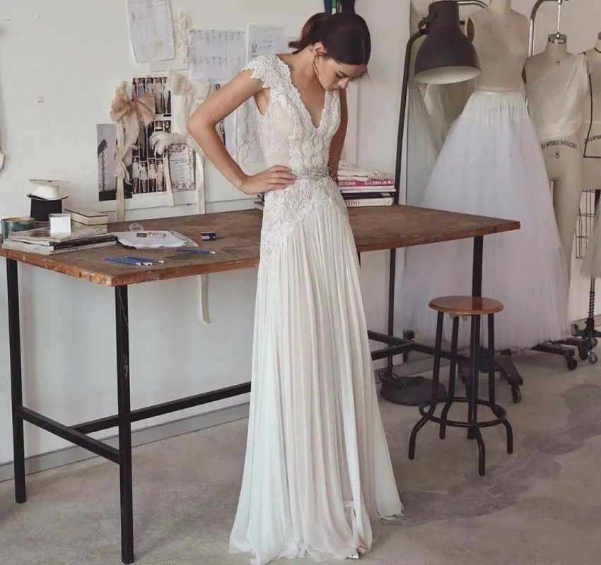 Robe De mariée en dentelle style Boho, Sexy, col en V, dos nu, manches courtes, mousseline De soie, ceinture, 2019