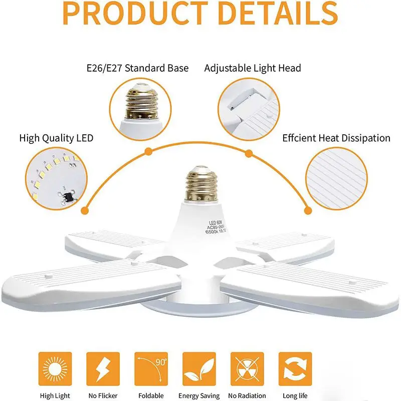 Lâmpada de garagem dobrável LED Fan Blade, E27, 30 W, 45 W, 55 W, 60W, 6500K, iluminação para casa, fábrica