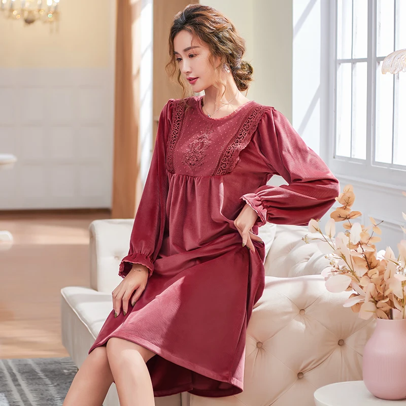 Autumn Winter Women Island Velvet Long Nightgowns Sleepshirts Elegant Home Dress Sleepwear Comfortable Nightdress Indoor Clothes