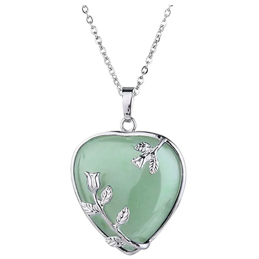 

FYSL Silver Plated Leaf Flower Wrap Love Heart Green Aventurine Pendant Lapis Lazuli Necklace Romantic Style Jewelry