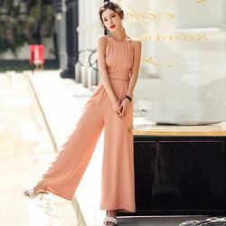 Summer Elegant Halter Orange Jumpsuit Woman Outfit Solid Bandage High Waist Rompers Playsuits Female Overalls Korean Clothing