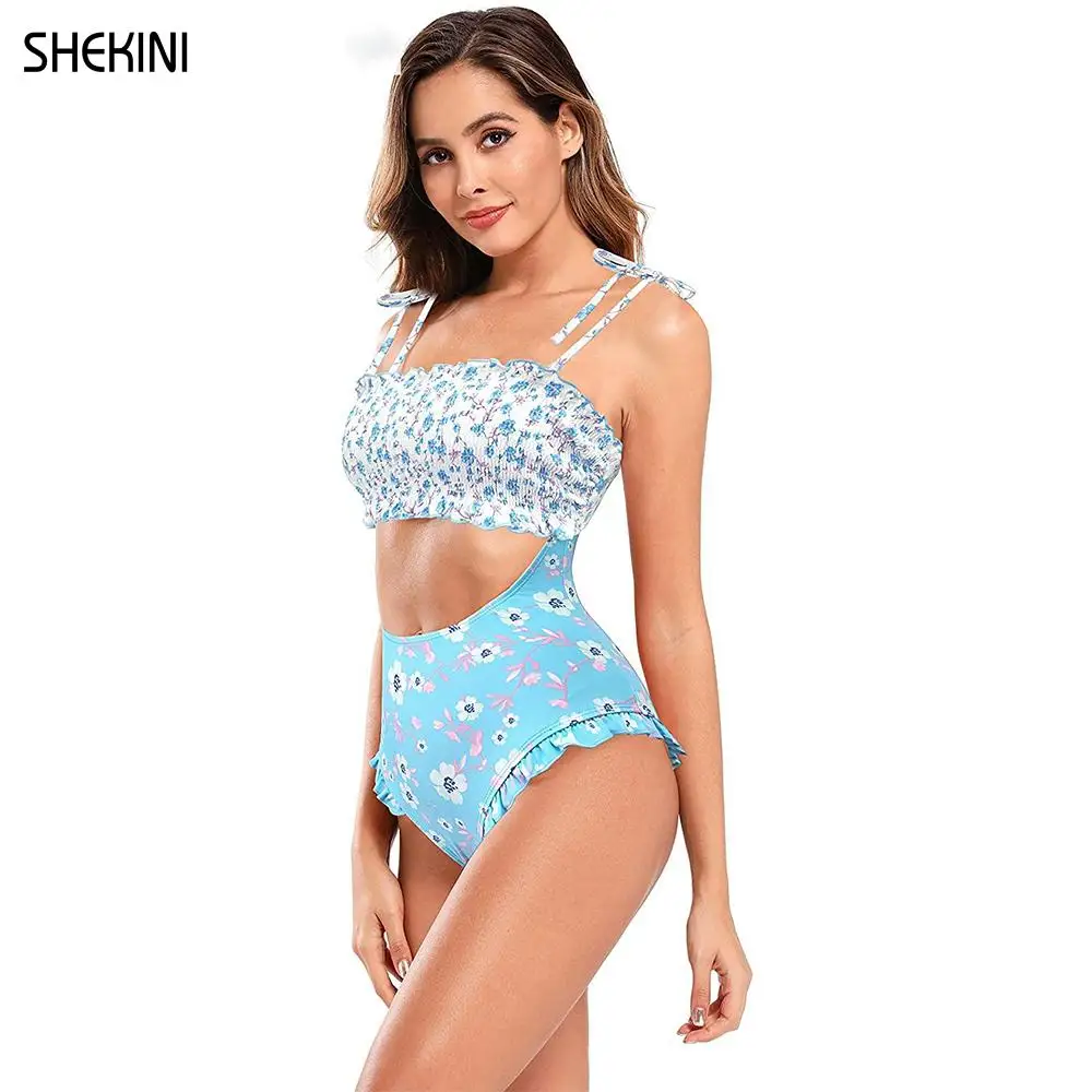 SHEKINI Women's Sexy Bandeau Ruffle Cutout Bathing Suit  Shirred Floral Print High Waist One Piece Swimsuit Summer Beachwear