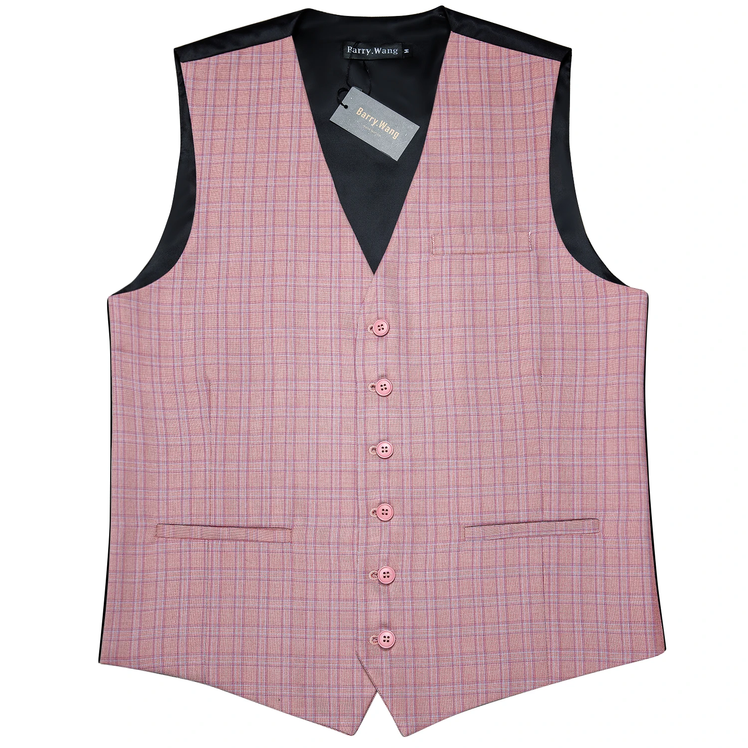 Barry.Wang Mens Pink Plaid Waistcoat Blend Tailored Collar V-neck 3 Pocket Check Vest Tie Set Formal Leisure MD-2301