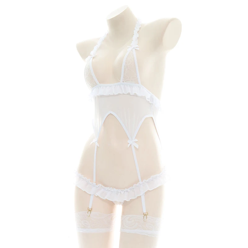 Body Sexy de Lolita para mujer, pijama de una pieza con lazo con volantes, cuello Halter translúcido, ropa interior blanca para el hogar