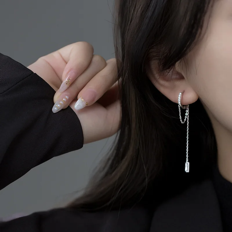 WANTME 925 Sterling Silver Tassel Chain Square Zircon Ear Buckle for Women Trendy Exquisite Wedding Earrings Jewelry Accessories