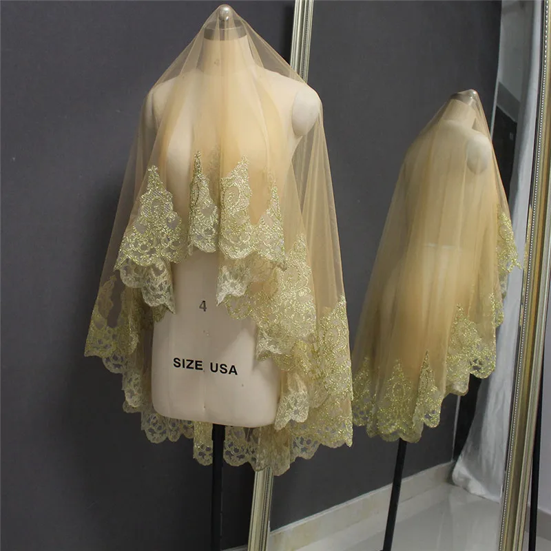 Duvak ve Kusak Beautiful Gold Lace Tulle Wedding Veil without Comb Short Bridal Veil Wedding Accessories Free Belt Gift