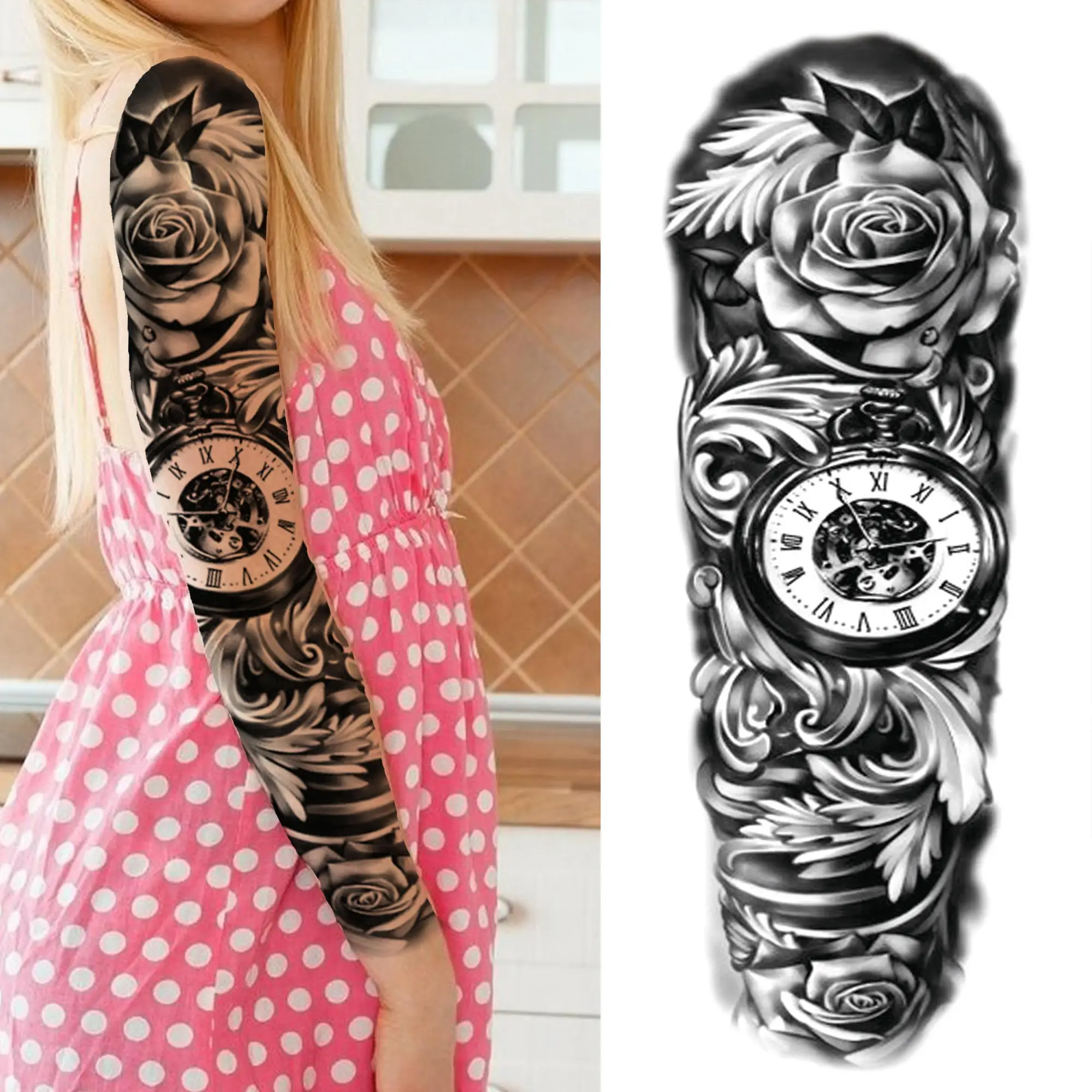 Black Tribal Totem Large Full Arm Tattoo Sticker For Men Adults Indian Turtle Skeleton Temporary Tattoos Sleeve Body Art Tatoos