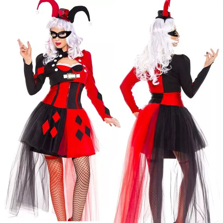 Joker Cosplay Costume para mulheres, Palhaço, Circo, Vestido extravagante, Halloween, Preto, Vermelho