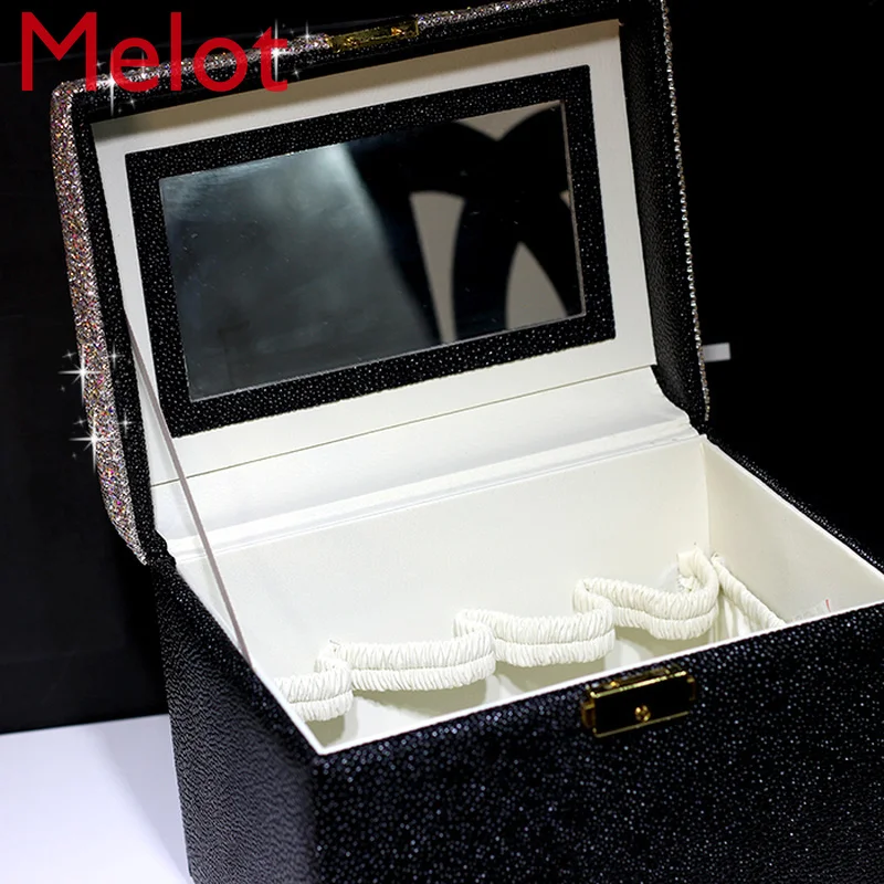 High-End Rhinestone-Encrusted Cosmetic Portable Storage Box Luxury Crystal Household Multi-Functional with Mirror Cosmetic Bag