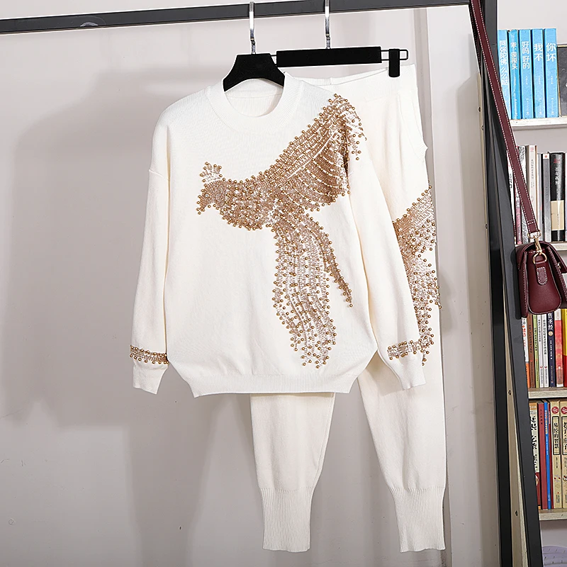 High Quality White Knit Set Women Fashion Beading Sequin Long sleeve Knitted Sweater + Casual Pants 2 Pieces Set Women Tracksuit