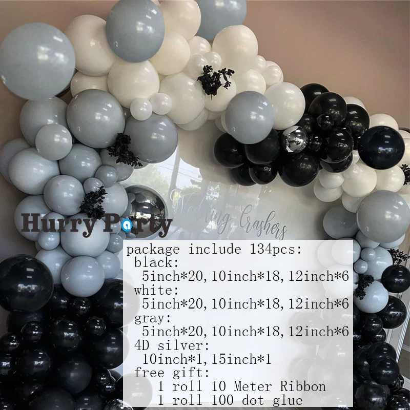 134Pcs Happy Bithday Party Decoration Balloons Garland Arch Kit Black Gray White Latex Balloon Baby Shower Supplies Backdrop