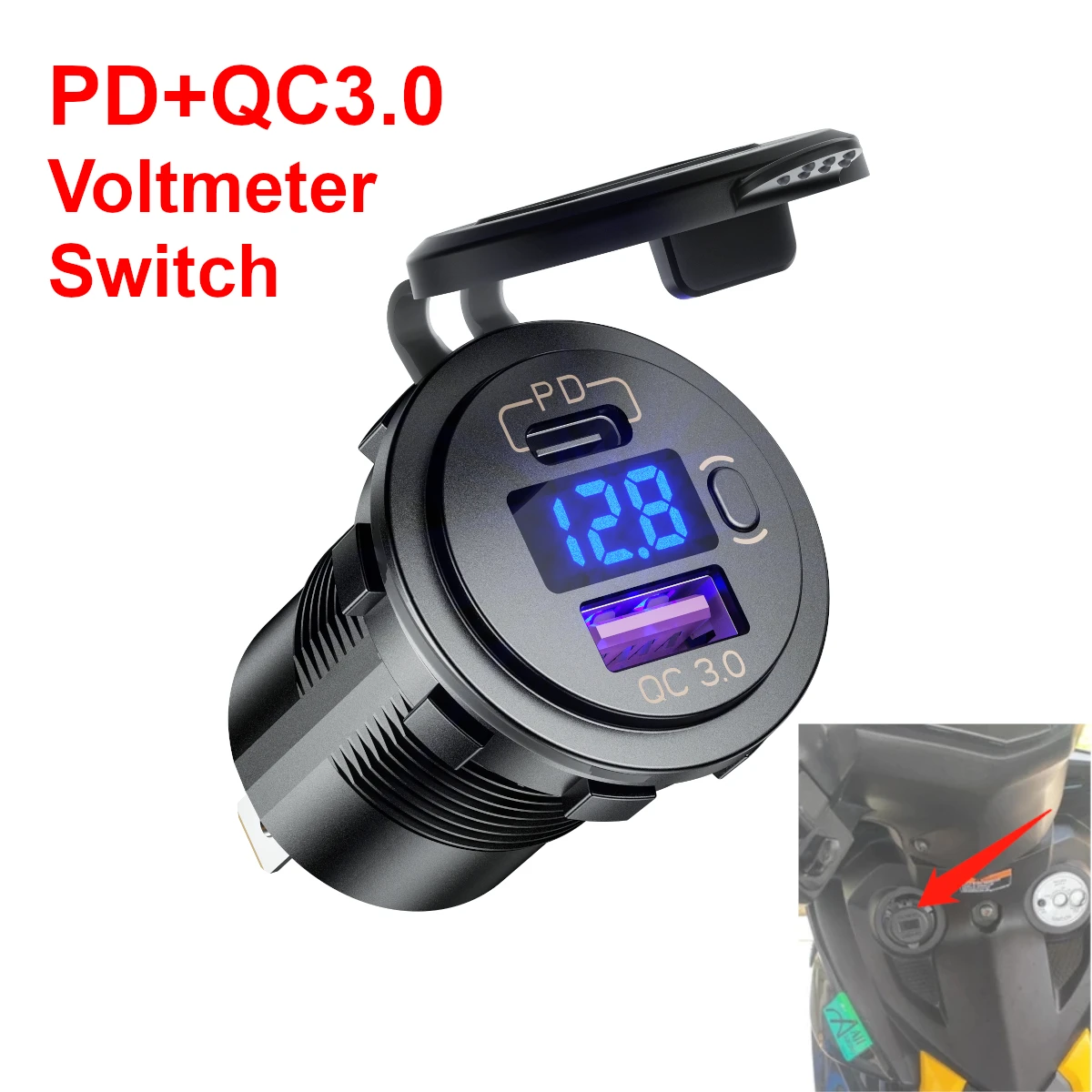 PD Type-C QC3.0 USB Car Charger Socket with Switch Voltmeter Power Outlet Quick Charge for 12V 24V Motorcycle RV Boat ATV