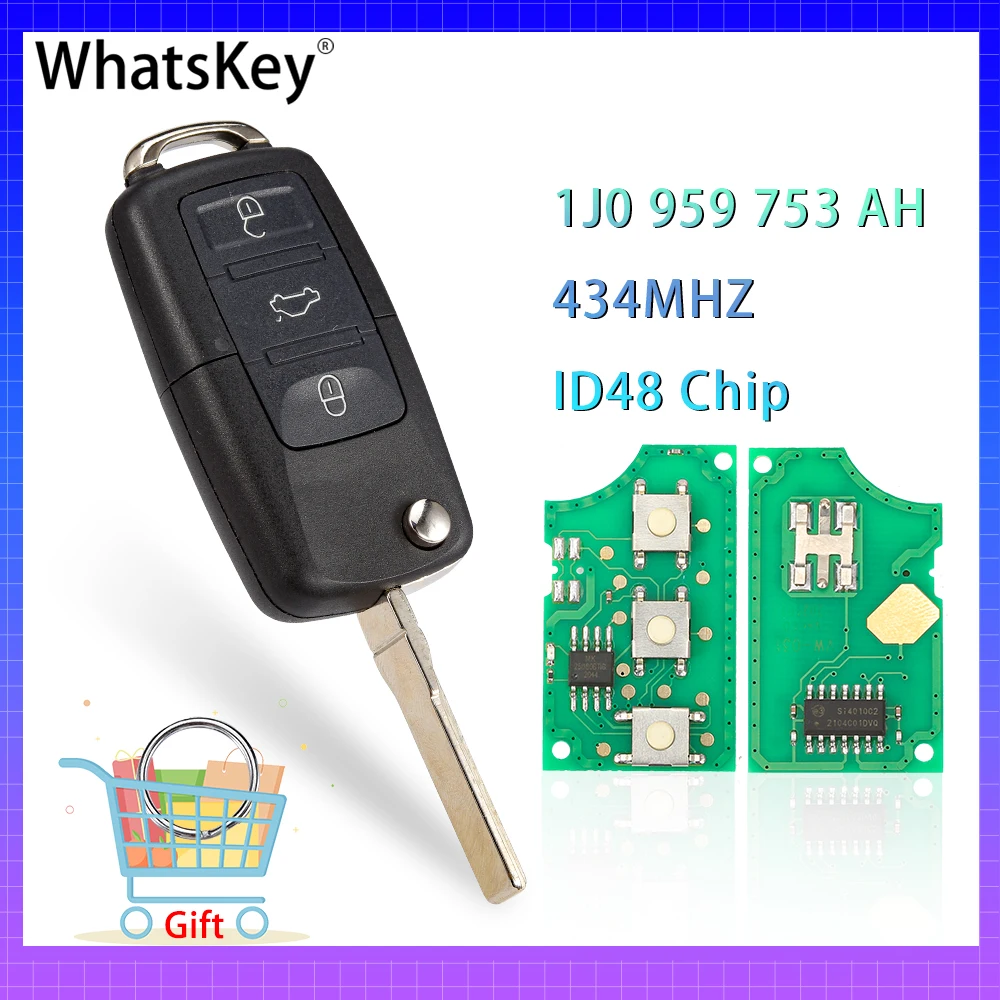 Whatskey 3ボタン折りたたみフリップリモートキー434mhz ID48チップ1J0959753AHフォルクスワーゲンvwゴルフパサートB5ノーカットブレード