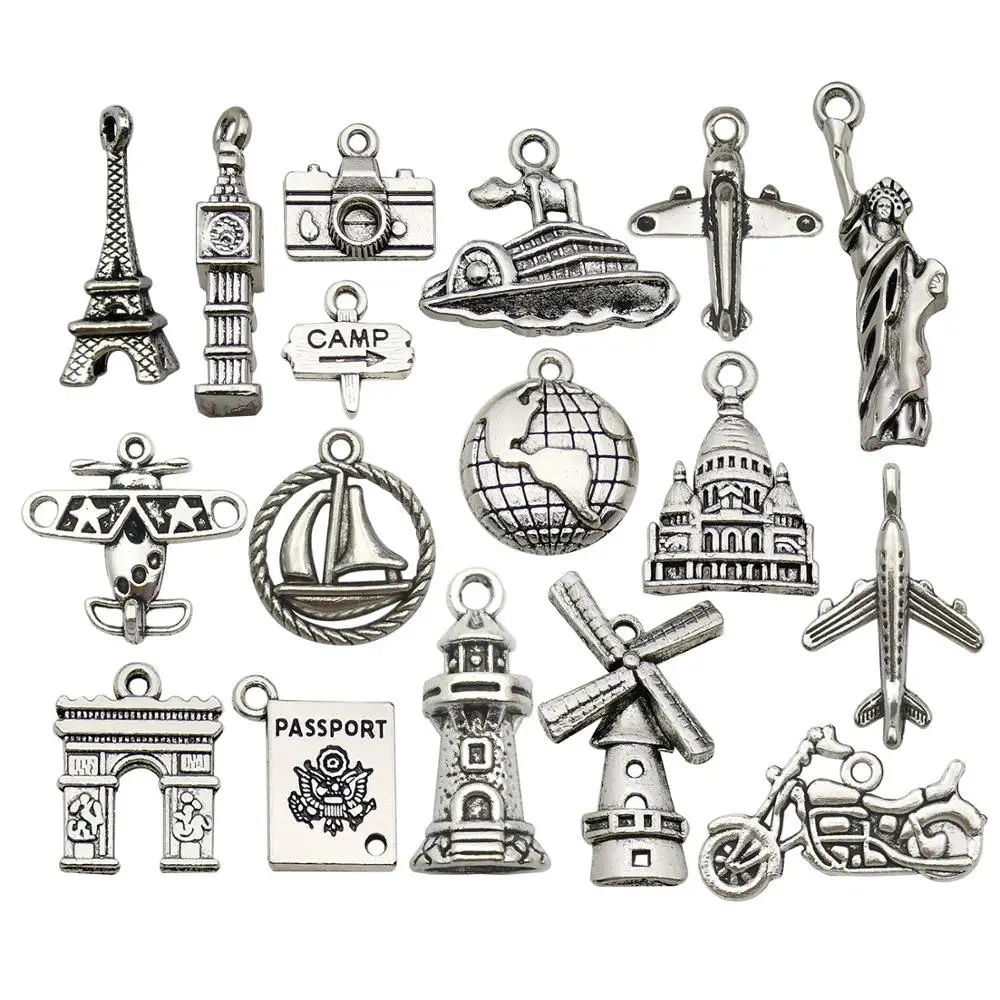 

50pcs Travel Charms Mixed Smooth Metal Charms Pendants DIY for Jewelry Making Necklace Bracelet and Crafting