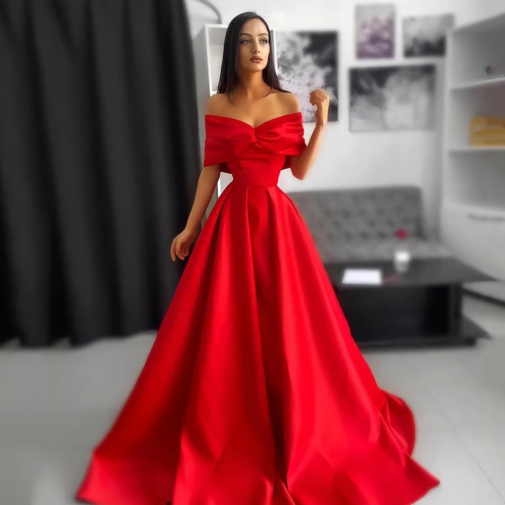 

UZN Red A Line Satin Prom Dress Off The Shoulder V Neck Evening Gowns Customized Dubai Party Dresses
