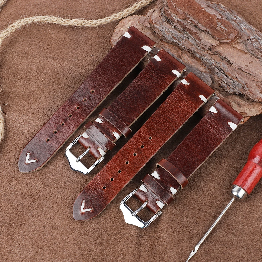 

Ремешок для часов из воловьей кожи 20 мм 22 мм, ремешки для часов, красный, коричневый, быстросъемный браслет с ручной прошивкой, мужской и женский ремешок для часов, аксессуары