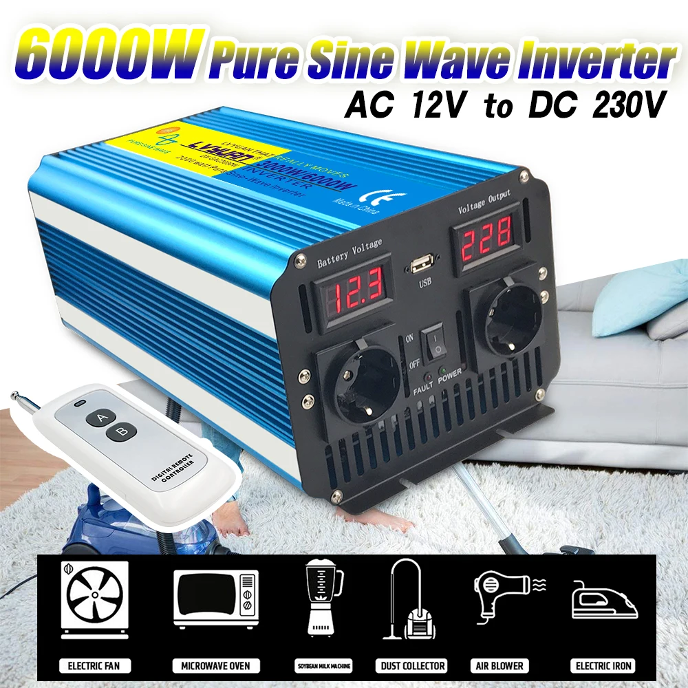 

6000WDC 12V To 220v Pure Sine Wave Inverter Car Inverter 2 AC Outlets EU Inverter LED Display 1 USB Wireless Remote Control