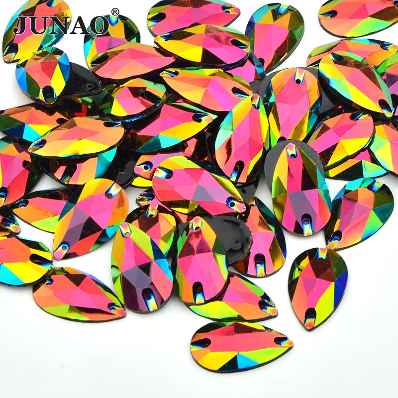 JUNAO 17*28mm 20pcs Sewn Rose Gold AB Drop Rhinestone Flatback Resin Crystal Strass Applique Sewing Strass Stones for Needlework