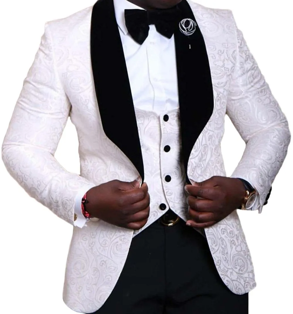 

JELTONEWIN New Style Groomsmen White Pattern Jacket Groom Tuxedos Shawl Lapel Men Wedding Suits 3 Pieces Party Best Man Blazer