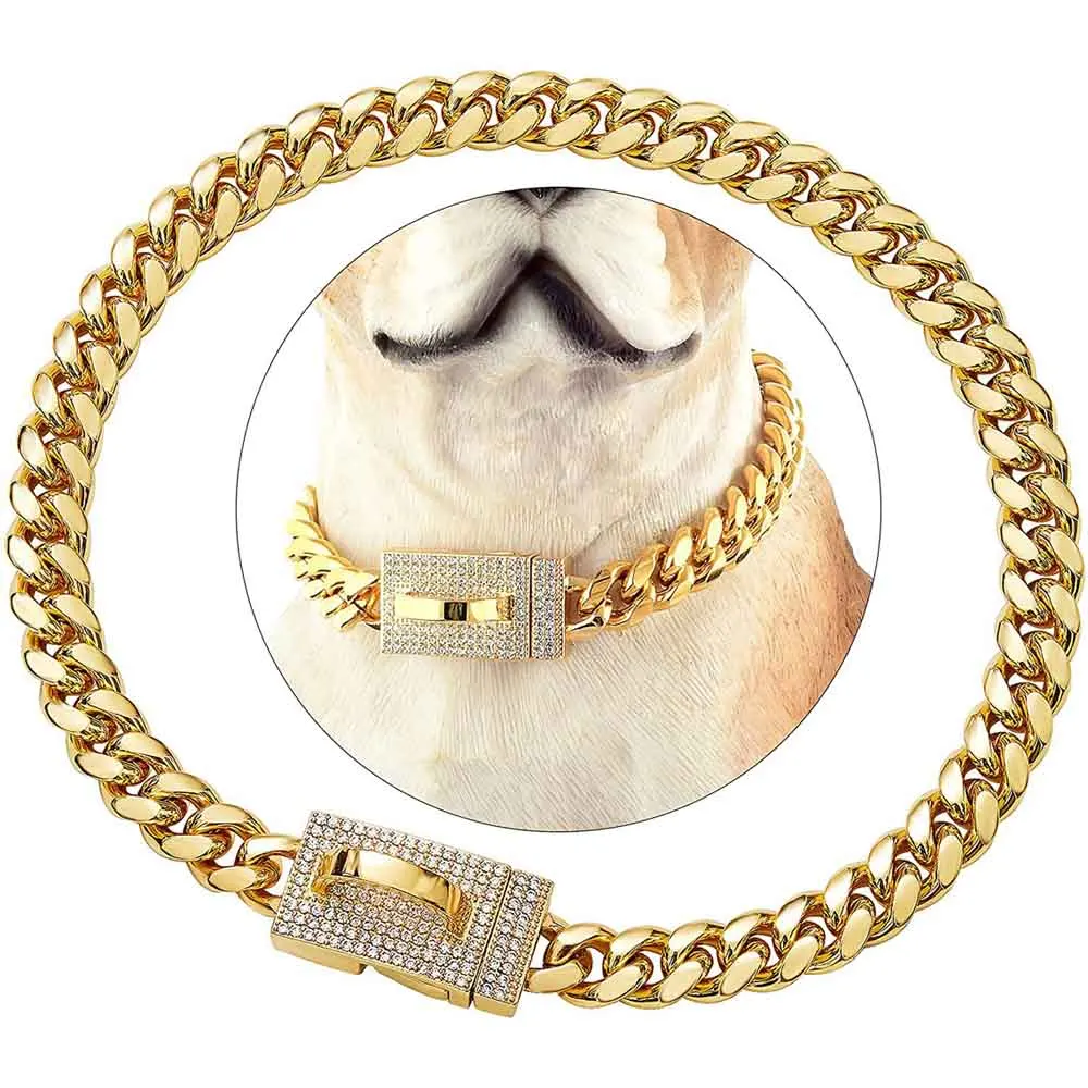 Stainless Steel 10mm 14mm Miami Cuban Chain Pet Dog Necklace Puppy Collars Choker Bulldog CZ Clasp Lock Strap Control