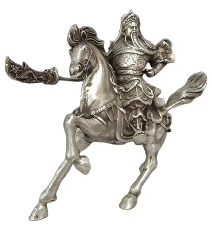 

China Fengshui Silver Kuan Kung Guan Yu Warrior God hold machetes Ride Horse Lucky statue metal handicraft