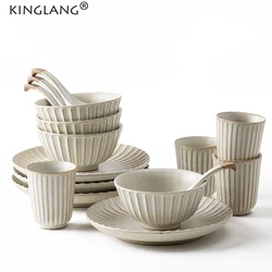 KINGLANG Retro Japanese Ceramic 1/2/4/8/10 Person Dinner Set Handmade Tableware Set Plate and Bowl Set Home Canteen Use